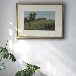 May include: A white wall with a framed landscape painting and three potted plants. The painting is in a gold frame and depicts a green field with trees and a blue sky. The plants are in brown pots and have green leaves.