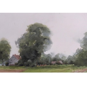 May include: A watercolor painting of a rural landscape with a house and trees in the foreground. The sky is a light gray, and the trees are a dark green. The house is a light gray with a red roof. The painting is signed "Mo Myra Watercolor" in the bottom right corner.
