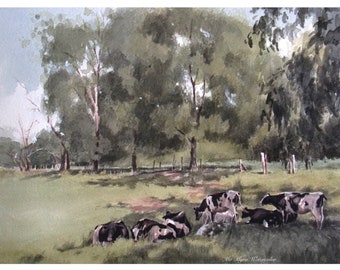 Impresión de vacas de bellas artes / Impresión de paisaje de vacas / Impresión de vacas de verano / Impresión de acuarela de vacas / pintura de vacas / arte del paisaje de vacas / arte de Connecticut / arte de vacas