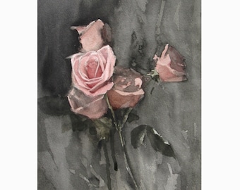 Pintura original de rosas de bellas artes / pintura de rosas de acuarela / pintura de bodegones / pintura de rosas rosas / pintura de rosas rosas / acuarela de rosas / arte