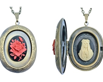 Santa Muerte Pendant Necklace, Day of the Dead Gothic Jewelry, Spiritual Amulet on Antique Bronze Chain - Sacred Blood Rose