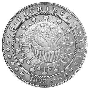 May include: Silver coin with a stylized image of a virus with a grinning face. The coin has the words "E. PLURIBUS UNUM" around the edge and "1893" at the bottom.