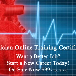 Op de afbeelding: Een rode hartgrafiek met een blauwe EKG-lijn eroverheen. De tekst luidt: EKG Technician Online Training Certificate Course Want a Better Job? Start a New Career Today! On Sale Now € 99 (reg. € 125)