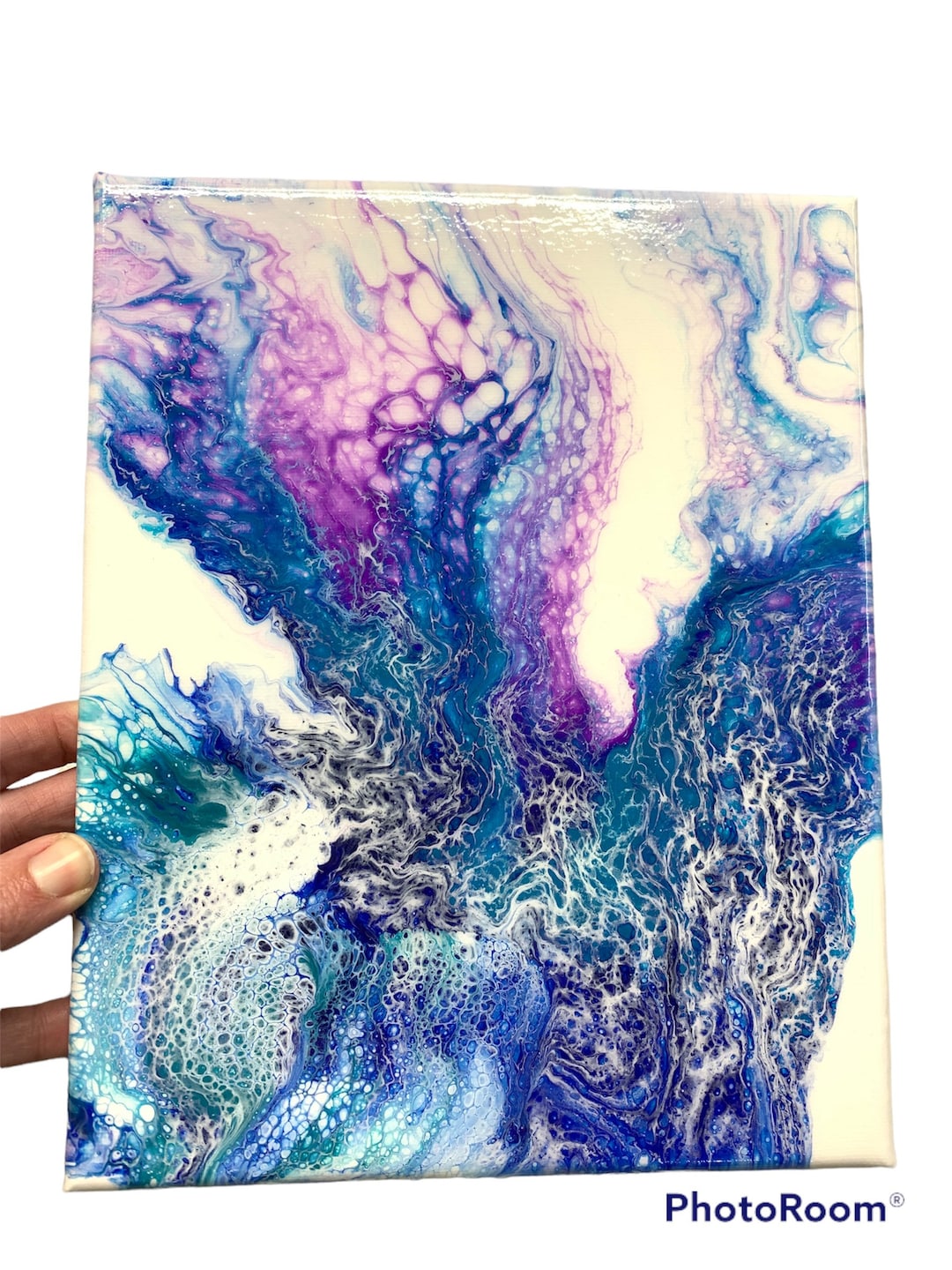 Blue and Purple Acrylic Pour Painting on Canvas, Fluid Art, Art 8x10