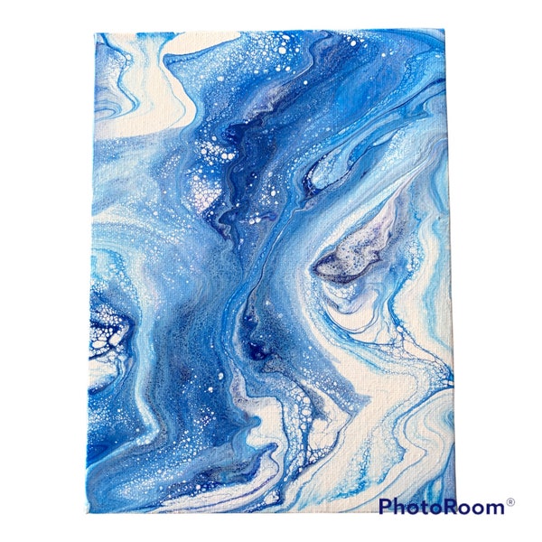 Acrylic Painting On Canvas, 6x9 Small Canvas, Blue And White, Paint Pouring, Fluid Art, Pouring on Canvas, Canvas Abstract Art