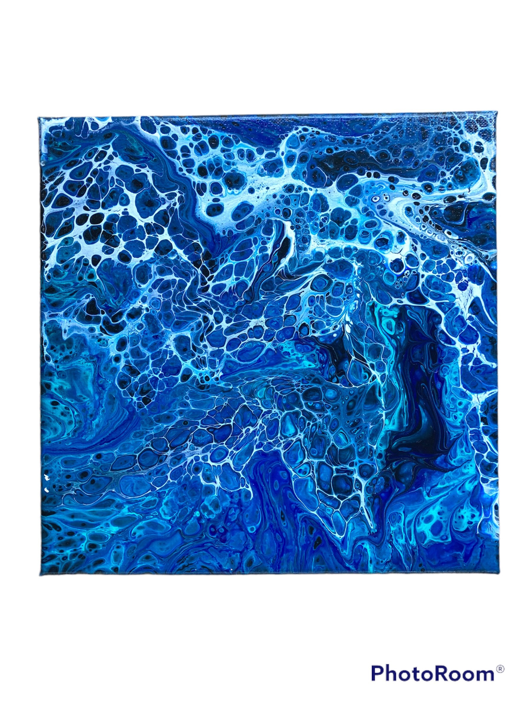 Blue Teal and White 10x10 Canvas, fluid Art, Acrylic Pour Painting,  Abstract Painting on Canvas, Wall Art, Wall Decor