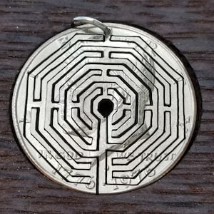Labyrinth maze coin necklace, Labyrinth maze pendant,  Maze necklace, Octagonal maze pendant, Geometric maze necklace, cut coin necklace