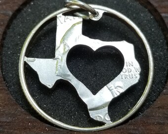 Texas pendant, Texas necklace, Texan pendant, Texas heart pendant, love Texas necklace, Lone Star pendant,  half dollar hand cut coin