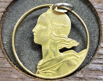 French 20 Centimes hand cut coin French woman pendant; French coin pendant; French coin necklace; art deco silhouette pendant