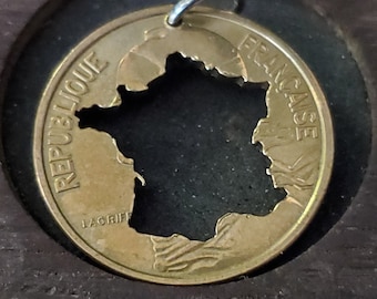 French silhouette hand cut coin French woman pendant; French coin pendant; French coin necklace; art deco silhouette pendant