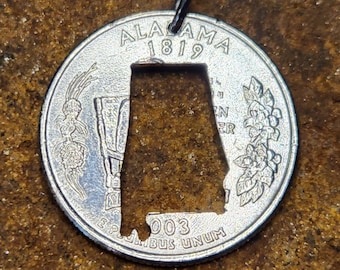 Alabama pendant, Alabama necklace, Alabama state quarter, Yellowhammer state pendant, Dixie pendant, Alabama silhouette hand cut coin