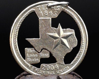 Texas coin pendant, Texas coin necklace, Lone Star State pendant, TX state quarter hand cut coin