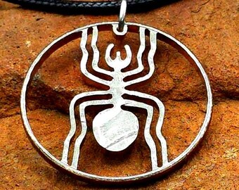 Hand-Cut Peruvian Nazca Lines Spider Coin Pendant Necklace - Mystical Ancient Spider Art - Unique Peru History & Archeology Lover Gift