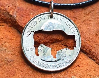 May include: A silver quarter coin pendant with a cut-out buffalo design. The pendant is attached to a black cord necklace. The coin reads "United States of America" and "Quarter Dollar". The background is a textured, reddish-brown surface.