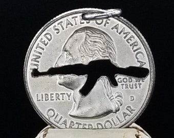Rifle pendant AK-47 rifle pendant Rifle necklace AK-47 rifle necklace Army pendant Army necklace, Military  hand cut coin pendant