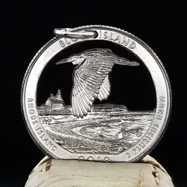 Block Island Heron necklace, Rhode Island necklace, Heron necklace, Heron pendant, bird pendant, bird necklace hand cut coin necklace