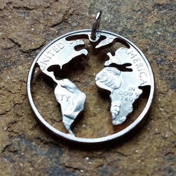 Earth pendant, globe pendant, Earth necklace, globe necklace, planet pendant, planet necklace, astronomy hand cut coin