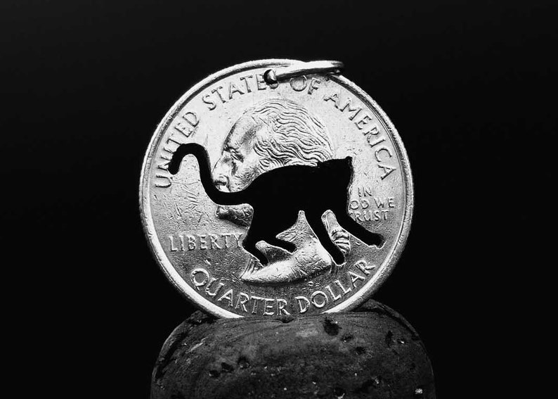 Może przedstawiać: Srebrna amerykańska moneta o wartości 25 cent&oacute;w z wyciętą sylwetką kota w środku. Moneta leży na ciemnoszarym kamieniu.