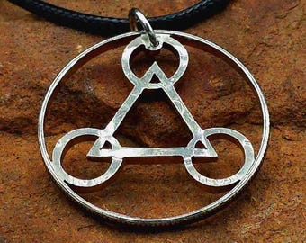 Mysterious Crop circle necklace, Crop circle pendant, Intricate Geometric pendant, Bold triangular pattern necklace, Crop Circle cut coin
