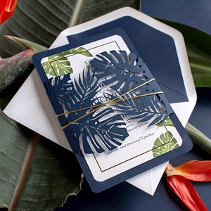 Monstera Invitation Navy Blue Leaf Laser Cut Wedding Invitation, Tropical Wedding , Destination Wedding, Palm Tree, British Columbia, Plants