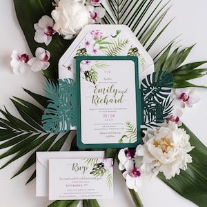 Monstera Invitation Green Leaf Laser Cut Wedding Invitation,Tropical Leaf, Destination Wedding, Palm Tree,British Columbia, Greenery, Plants