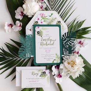 Monstera Invitation Green Leaf Laser Cut Wedding Invitation,Tropical Leaf, Destination Wedding,Palm Tree,British Columbia, Greenery, Plants