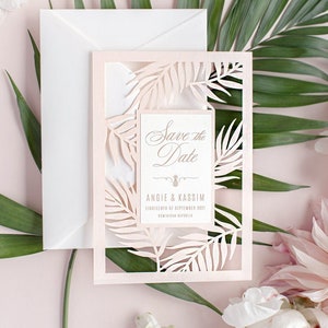 Save the Date Destination Wedding Card Tropics , Summer Wedding Invitation With Laser Cut in Blush Pink , Tropical Wedding , Beach wedding