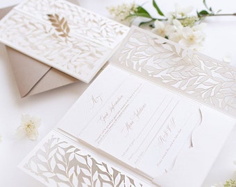 Pocket Wedding Invitation with 4 inserts in White Arch Gatefold with Intricate Laser Cut Leaf and Gold Foil, Gold Envelope, Personalized,