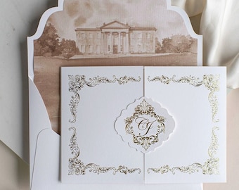 Suite pliante pour invitation à un lieu personnalisée, faire-part de mariage, invitation pour dossier, invitation classique avec carte italienne de luxe en feuille d'or