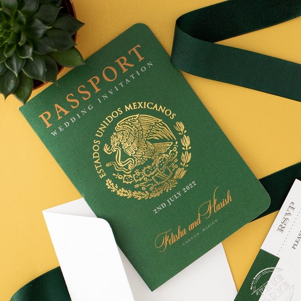 Wedding Passport Mexico Invitation Pasaport Gold Foil Boarding Pass Invite,Wedding Abroad, Destination Wedding, Travel Wedding,Plane Ticket