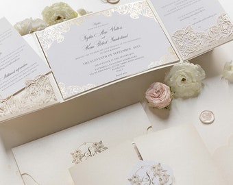 Luxury Wedding Folio Invitation with Gold Foil Pocket fold suite for Wedding Day, Rsvp, Info Card with Laser Cut pockets Wax Seal, Envelopes