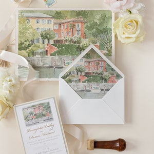 Invito personalizzato per la sede dell'acquerello con lamina d'oro, invito per il giorno del matrimonio, disegno della tua sede / Villa Regina Teodolinda / Lago di Como
