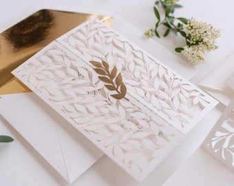 Classically Ivory Arch Gatefold Wedding Invitation with Intricate Laser Cut Leaf and Gold Foil, Lace Day Invitation , Invitation Suite