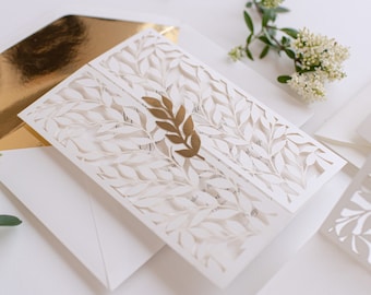 Classically Ivory Arch Gatefold Wedding Invitation with Intricate Laser Cut Leaf and Gold Foil, Lace Day Invitation, Invitation Suite