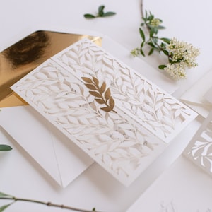 Classically Ivory Arch Gatefold Wedding Invitation with Intricate Laser Cut Leaf and Gold Foil, Lace Day Invitation , Invitation Suite