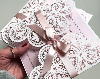 Blush Pink & White Lace Blush Laser cut Wedding Day Invitation with ribbon and Envelope, Wedding Invitation Suite, Invitation Cards