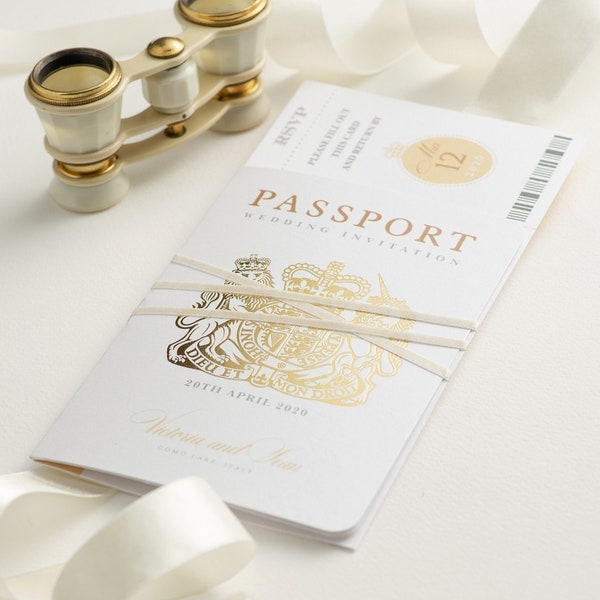 Passport Wedding Invitation Champagne and Gold Foil Boarding Pass Invite,Wedding Abroad, Destination Wedding, Travel Wedding, Plane Ticket