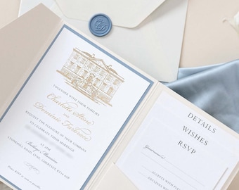 Bespoke Wedding Venue Illustration Venue Invitation in Dusty Blue & Champagne Pocket Suite in Classic Envelope Fold in Gold Foil