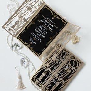 Art Deco Great Gatsby Black & Gold Gatefold Wedding Invitation Monogram, Hollywood Invite w Envelope, Golden Laser cut Gate, Retro , Die Cut
