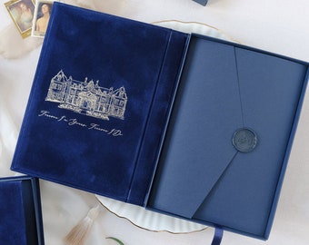 Luxury Velvet Hard Back Book & Box Pocket Invitation with Gold Foil Venue Sketch , Velvet Invitation Box , Premium Wedding Invitation Suite