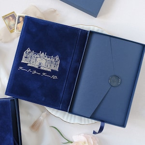 Invitación de bolsillo de caja y libro de tapa dura de terciopelo de lujo con boceto de lugar de lámina de oro, caja de invitación de terciopelo, Suite de invitación de boda Premium
