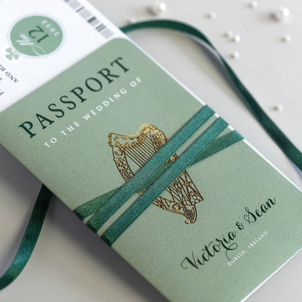 IRISH Lucky Shamrock Passport Wedding Invitation Foil Boarding Pass Invite,Wedding Abroad, Destination Wedding, Travel Wedding, Plane Ticket