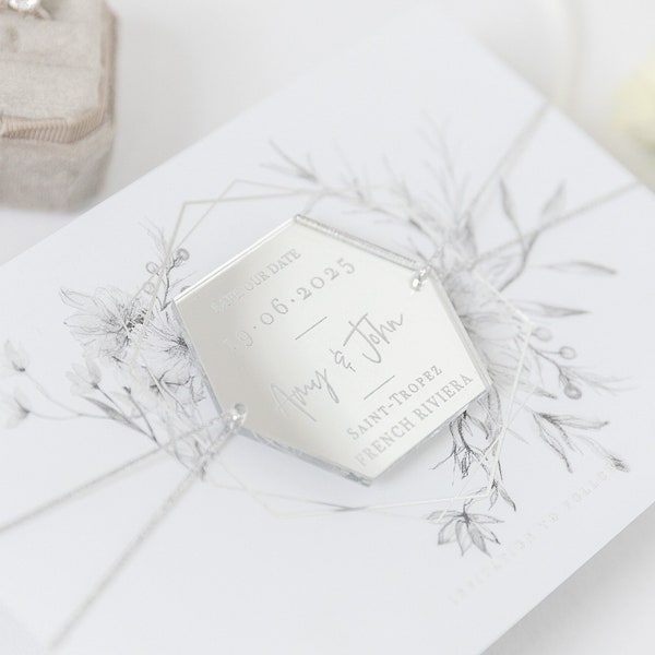 Save the Date Magnet Hexagon - Luxury Mirror Plexi Acrylic Hexagon, Save The Date Cards, Silver Foil | Grey Boho,Bespoke,Envelope Greenery