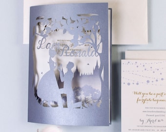 Cinderella Disney Castle Fairytale Intricate Laser Cut Wedding Invitation Couple Personalized Names on Cover Gold Printing with Envelopes