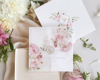 Boxed Luxury Wedding Invitation with Vellum Enclosure & French Satin Ribbon, Monogramed Wedding Box, Blush Watercolour Florals,Wedding Suite