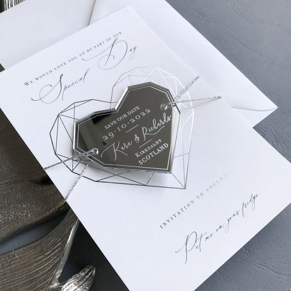Modern Magnet Save the date Silver Foil & Silver Acrylic Geometric Heart ,  Fridge Save The Date Cards, Bespoke Wedding Cards with Envelopes