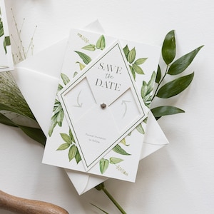 Boho Wedding Interactive Pivot Save the Date Karte Kreis mit Silber Bolt Rustikal Grünes Blatt Motiv - Moderne Kalligraphie - Herbst Save Our Date