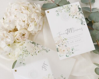 White Hydrangea Vellum Gold Foil Wedding Invitation with Mirror Plexi Hexagon Tag in Vellum/ Parchment Suite & Matching  Envelopes
