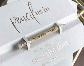 Pencil us in Save the Date Card in REAL Gold Foil, Rose Gold Foil for Wedding, engraved pencil, personlized, Pencil Save the Dates with Card