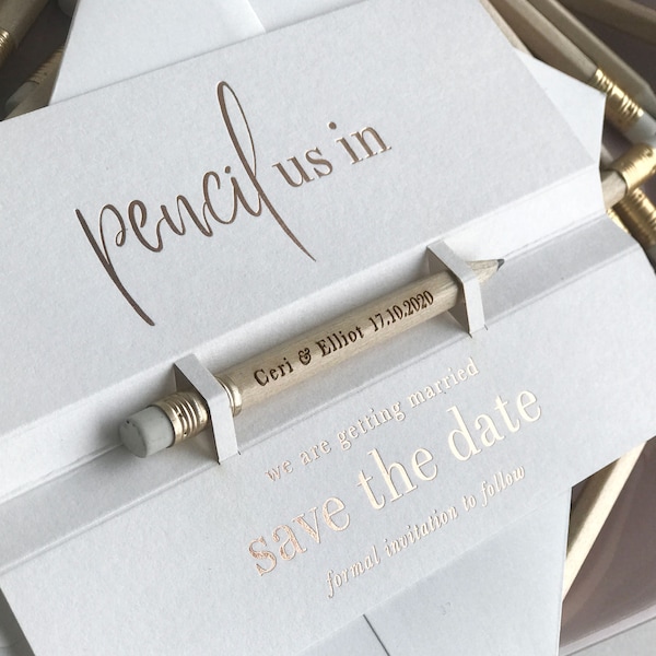 Pencil us in Save the Date Card in REAL Gold Foil, Rose Gold Foil for Wedding, engraved pencil, personlized, Pencil Save the Dates with Card